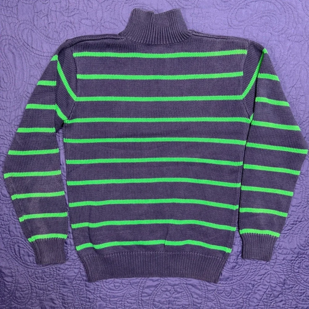 Polo Ralph Lauren Mens S Quarter Zip Sweater Navy Blue Green Striped Cotton Knit